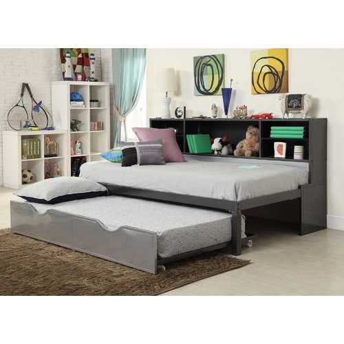 79" X 50" X 39" Twin  Black And Silver Metal Tube Bed With Bookcase And Trundle