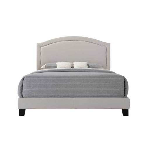 Queen Grey Upholsterd with nailhead trim Platform Bed and dark wood finish legs