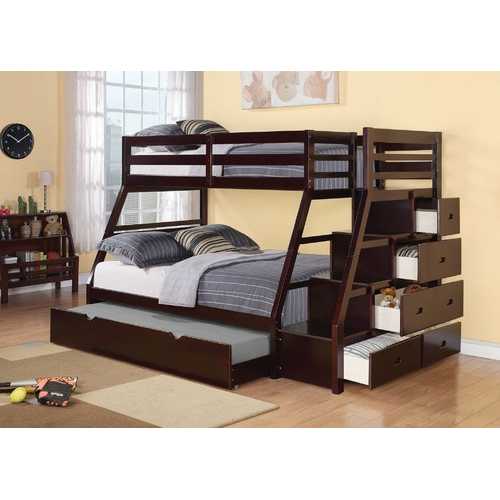 98" X 56" X 65" Espresso Pine Wood Bunk Bed (Twin/Full) with Trundle