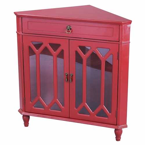 31" X 17" X 32" Red MDF  Wood  Clear Glass Corner Cabinet with a Drawer Doors and Hexagonal Inserts