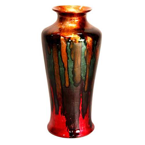 7" X 7" X 24.5" Gold Green Blue And Red Ceramic Foiled and Lacquered Ceramic Floor Vase