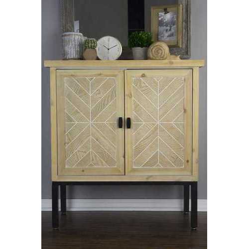 31.5" X 15" X 33.8" White Washed Parquet Iron Wood MDF Sideboard with an Iron Frame and Wood Doors