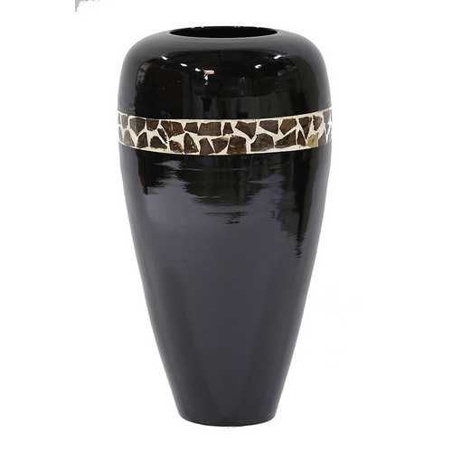 10.25" X 10.25" X 19" Black Lacquer with Brown Coconut Shell Bamboo Spun Bamboo Vase