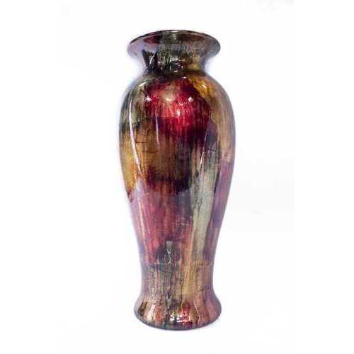 12.75" X 12.75" X 30.75" Red Copper And Brown Ceramic Foiled and Lacquered Ceramic Vase
