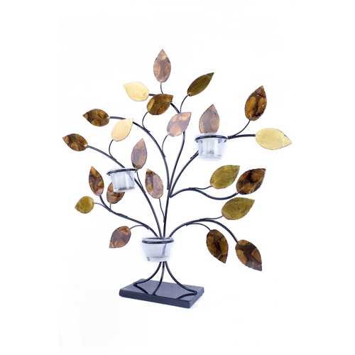 Gold Copper Brown And Orange Metal Leaves Votive Holder