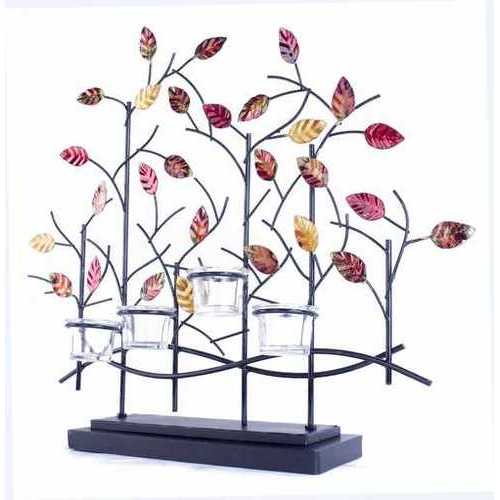 22.5" X 5" X 25.5" Copper Red And Gold Metal Tree Foiled And Lacquered Votive Holder