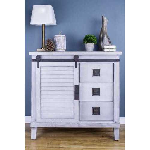 Distressed Light Grey Barn Door Accent Cabinet with Drawers