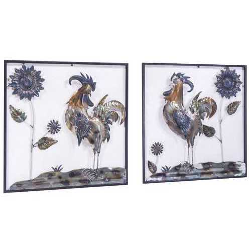 Metallic Multi Color Roosters And Sunflowers Wall Art Set