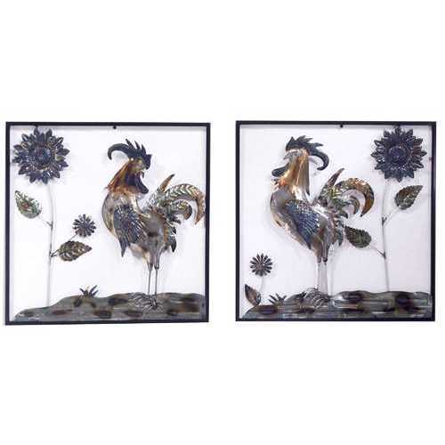 Metallic Multi Color Roosters And Sunflowers Wall Art Set