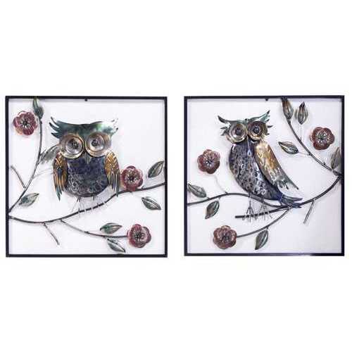 22" X 6" X 23" Metallic Multi-Color Metal Garden Owls And Sunflowers Square Wall Panel Set