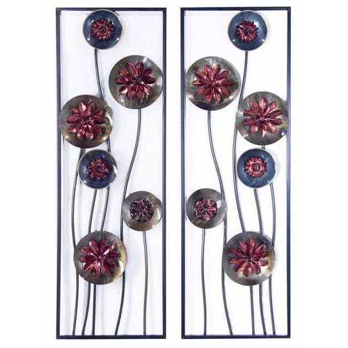 Metallic Multi-Color Abstract Red Floral Vertical Wall Art Set