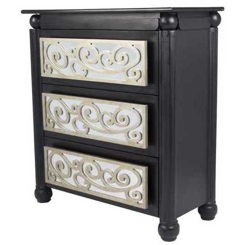 Contemporary Black and Silver Scroll 3 Drawer Accent Cabinet