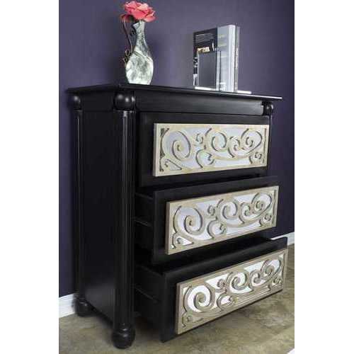 Contemporary Black and Silver Scroll 3 Drawer Accent Cabinet