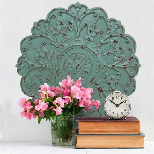 Distressed Floral and Turquoise Medallion Metal Wall Decor