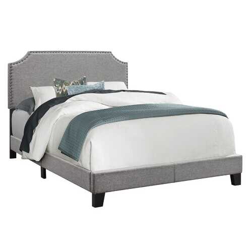 Full Size Grey Linen with Chrome Trim and Solid Wood Black Feet Bed