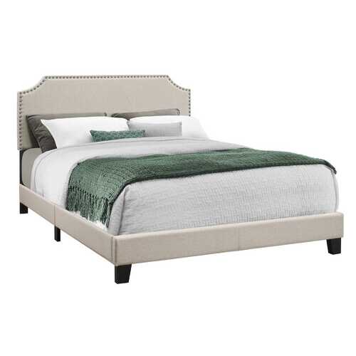 64.25" x 85.25" x 45.5" Beige Foam Solid Wood Linen Queen Size Bed with a Brass Trim