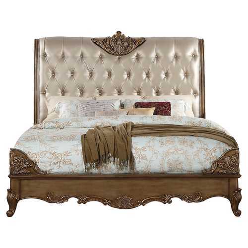 85" X 107" X 71" Champagne PU Antique Gold Wood Upholstered HB California King Bed
