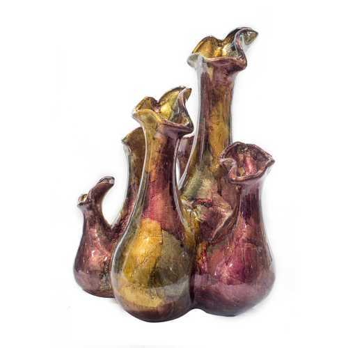 Fila Burgundy Amber Brown Foil and Lacquer 5 Bud Ceramic Vase