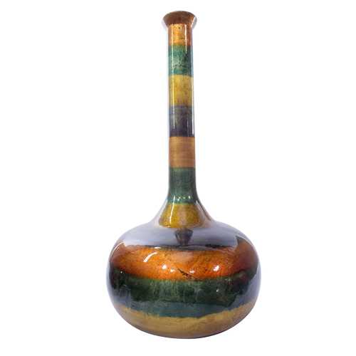 8.25" X 8.25" X 16.5" Orange Green Amber Brown Ceramic Lacquered Striped Tubed Bud Vase