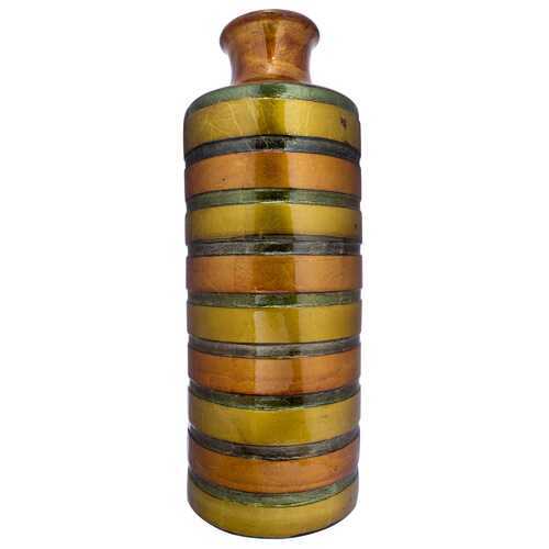 8.75" X 8.75" X 24" Orange Green Amber Brown Ceramic Lacquered Striped Large Cylinder Vase