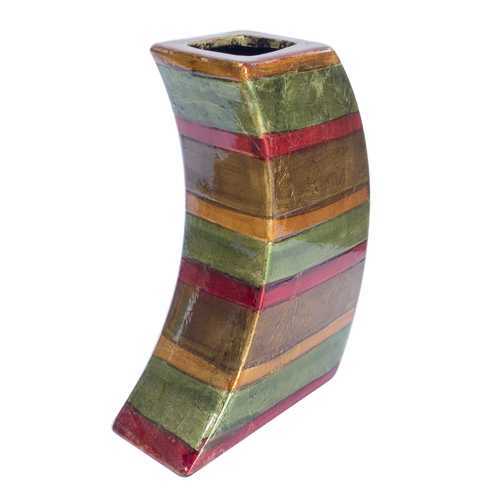 Contemporary Green Red Brown Copper Ceramic Lacquer Stripe Leaning Vase