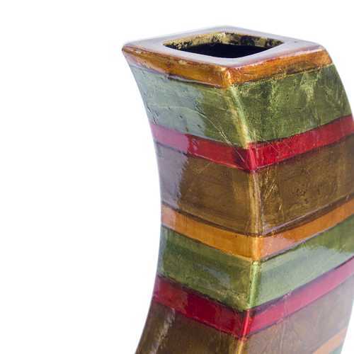 Contemporary Green Red Brown Copper Ceramic Lacquer Stripe Leaning Vase