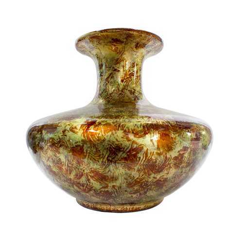 Shades of Gold Green and Red Ceramic Foil and Lacquer Rotund Vase