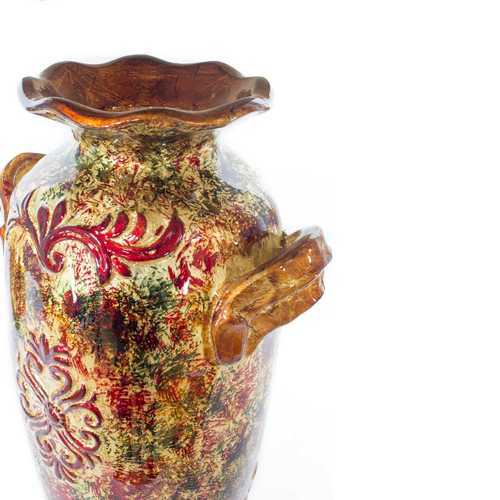 Rea Brown Orange Red Green Ceramic Foil and Lacquer Ruffle Vase