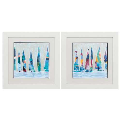 19" X 19" White Frame Dozen Colorful Boats (Set of 2)