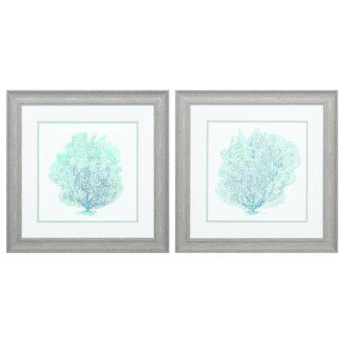 19" X 19" Distressed Wood Toned Frame Teal Coral On White (Set of 2)