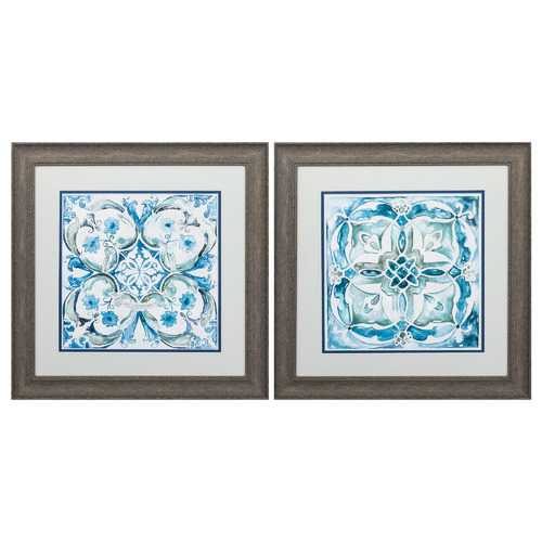 19" X 19" Distressed Wood Toned Frame Carribean Tile (Set of 2)