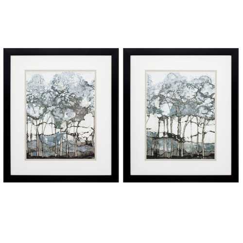 18" X 21" Dark Wood Toned Frame Watercolor Forest (Set of 2)
