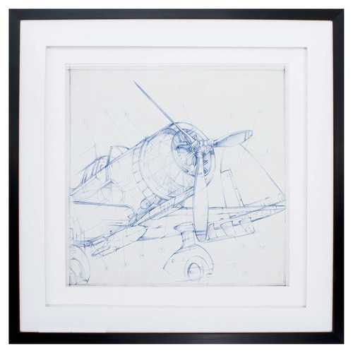 30" X 30" Dark Wood Toned Frame Airplane Sketch I