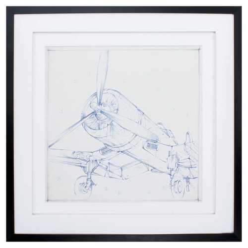 30" X 30" Dark Wood Toned Frame Airplane Sketch II