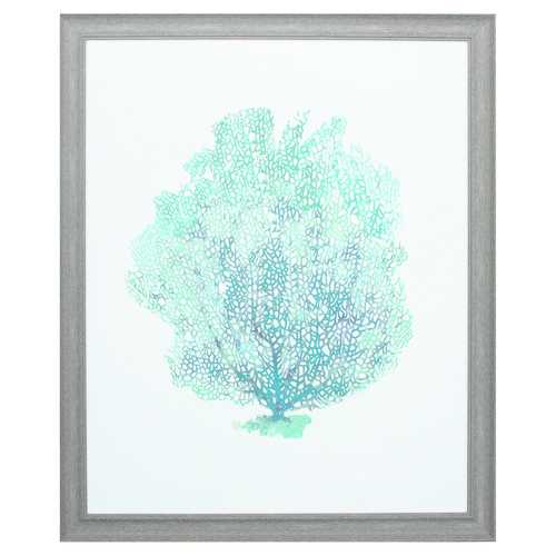 27" X 33" Distressed Wood Toned Frame Aqua Coral On White I