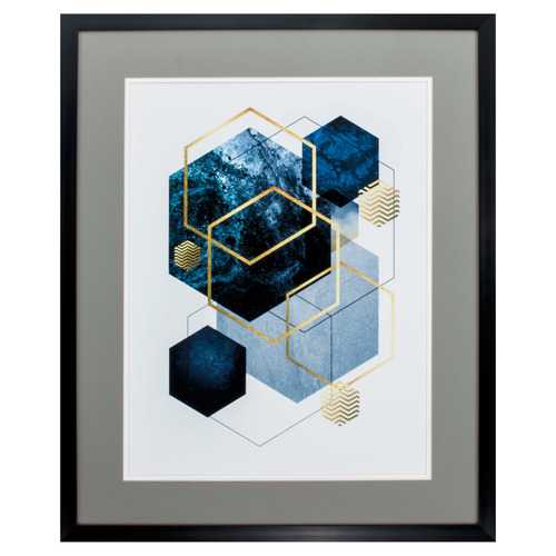 26" X 32" Dark Wood Toned Frame Navy Gold Geo I