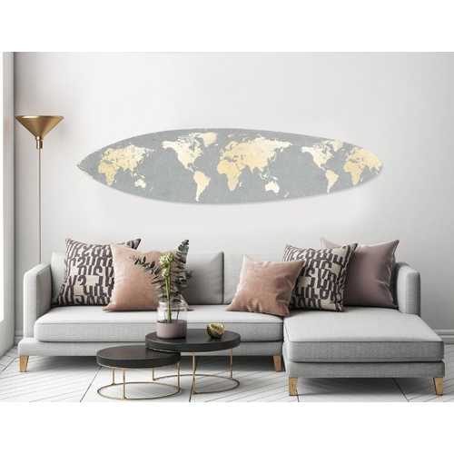 Grey and Gold World Map Surfboard Wall Art