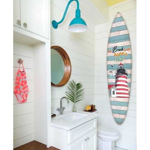 18" x 1" x 76" Wood, Blue, Lighthouse Surfboard Wall Art