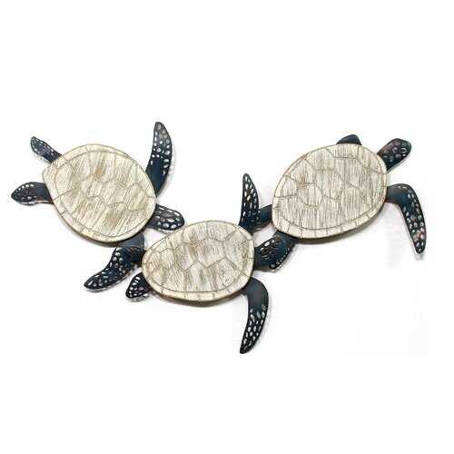 Shimmering Metal & Carved Wooden Turtle Wall Decor