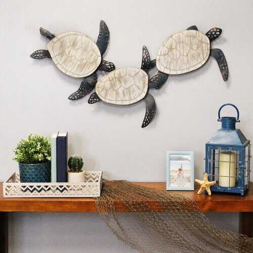 Shimmering Metal & Carved Wooden Turtle Wall Decor