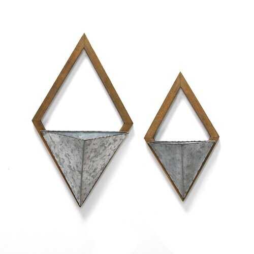 S/2 Diamond Wood & Metal Wall Planters