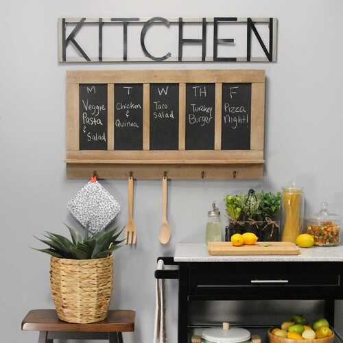 Chalkboard and Wood Wall Hanging with Antiqued Metal Hooks