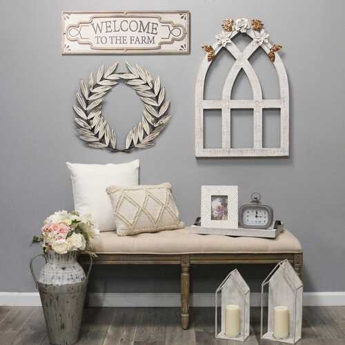 Distressed White Arch w/ Metal Flowers Wall Decor