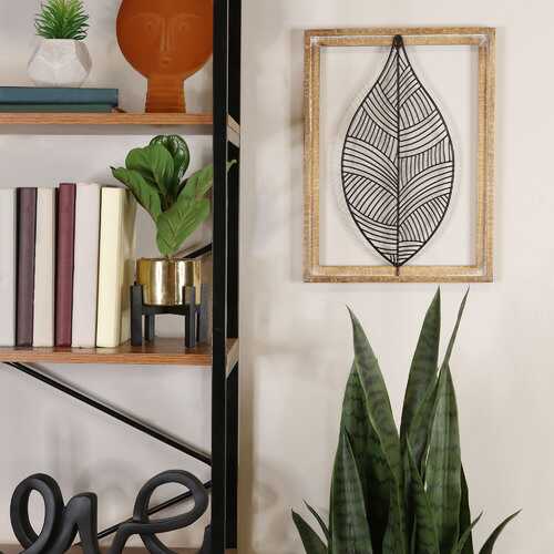 Distressed Outdoor Metal Leaf and Wood Frame Wall Art