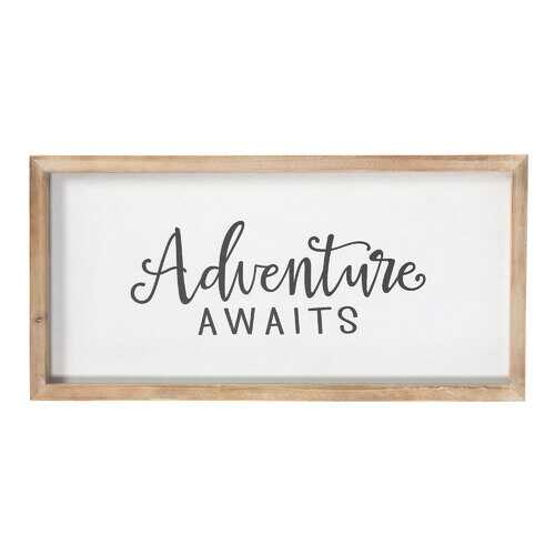 "Adventure Awaits" Natural White Wood Framed Wall Art