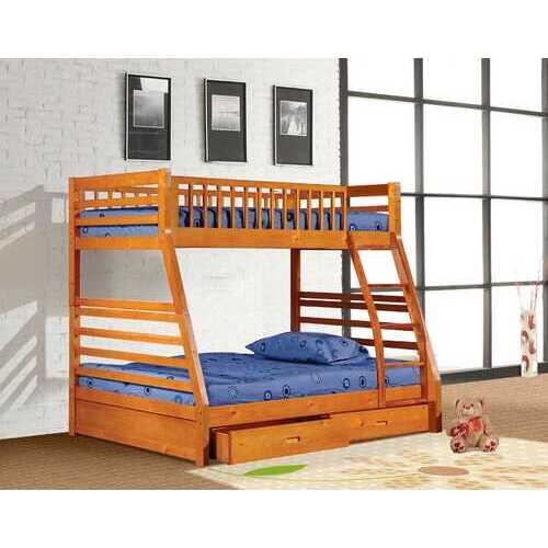 78.75" X 42.5-57.25" X 65" Oak Manufactured Wood and  Solid Wood Twin or Full Bunk Bed with 2 Drawers