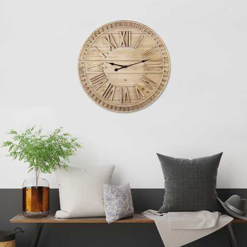 Round Natural Wood Face Roman Numeral Wall Clock