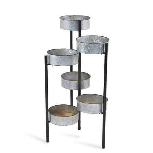 6 Metal Pot s and Wood Base Folding Plant Stand