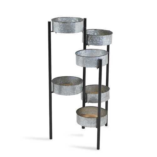 6 Metal Pot s and Wood Base Folding Plant Stand