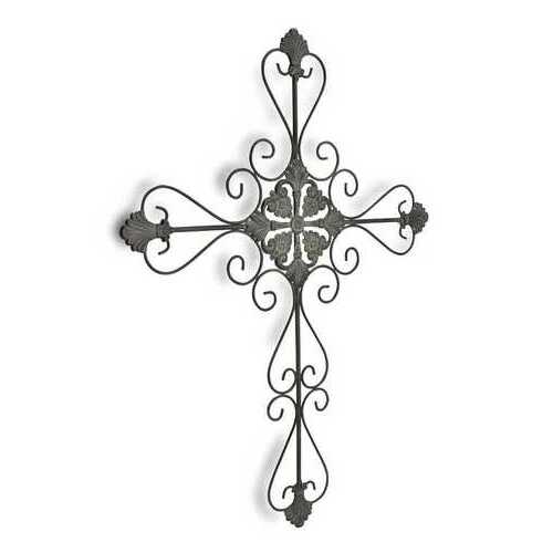 Large Gray Metal Scroll Design Gray Hanging Cross Wall Decor
